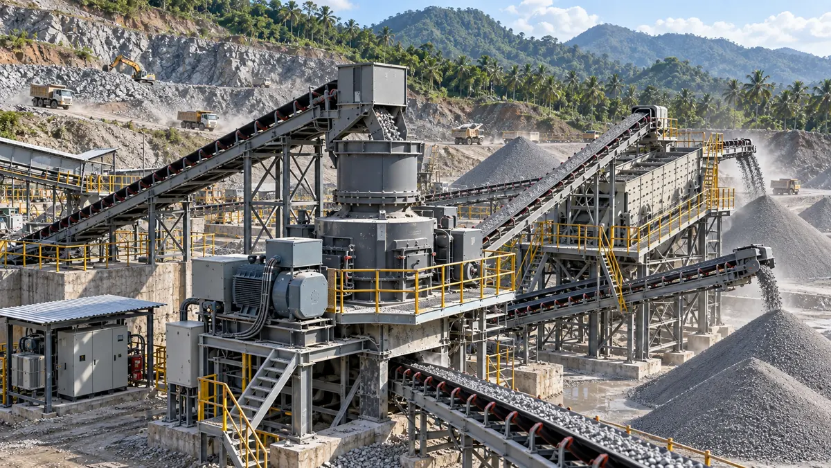 Production-scale closed-circuit VSI sand plant with screen, return conveyor, and graded aggregate stockpiles in a tropical quarry