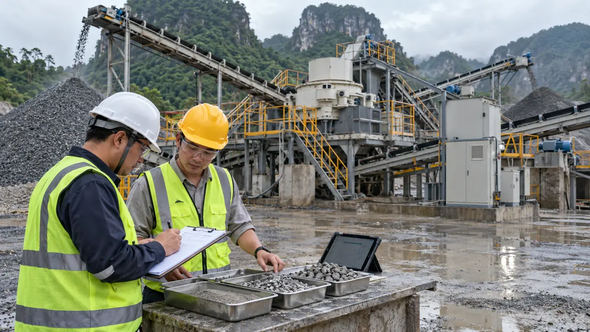 Commissioning engineers review aggregate samples, a checklist, and an unreadable trend display beside a VSI crushing plant