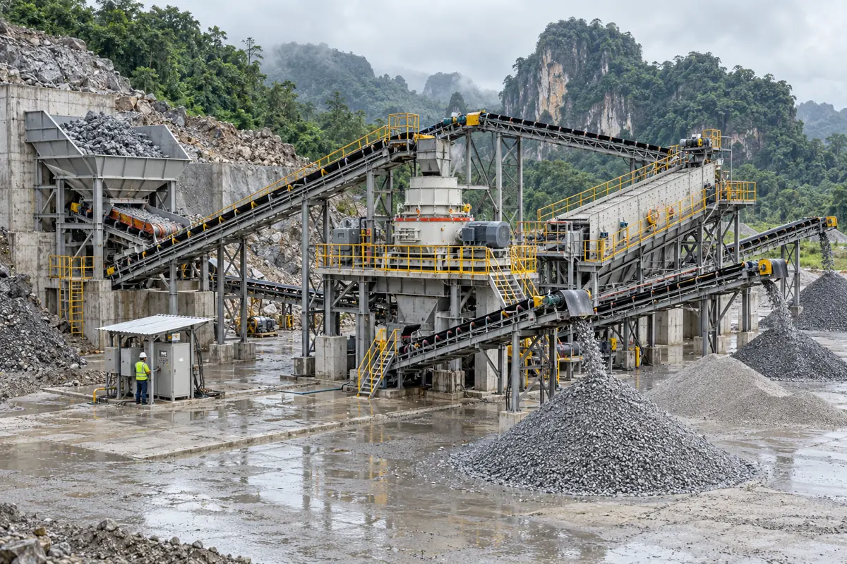 Complete VSI sand plant with hopper, feeder, VSI crusher, screen, return conveyor, discharge conveyors, and stockpiles at commissioning