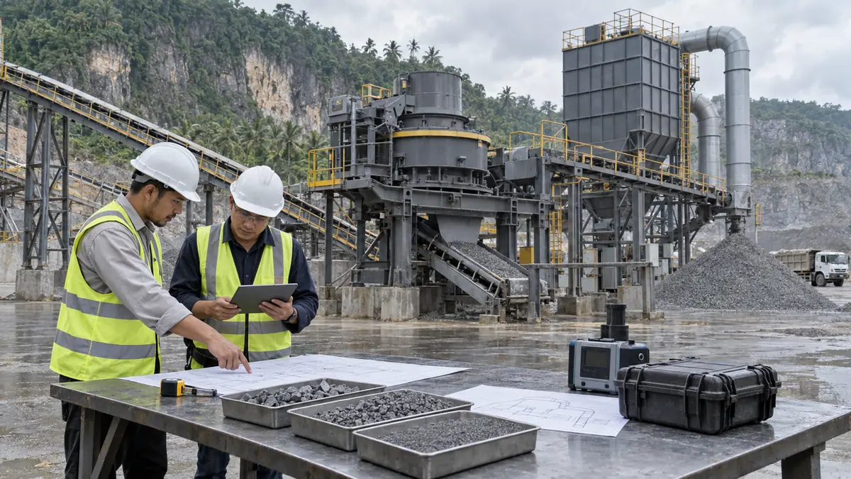 Quarry engineers reviewing a dust-control checklist, aggregate samples, ductwork drawing, and enclosed VSI plant during a field inspection