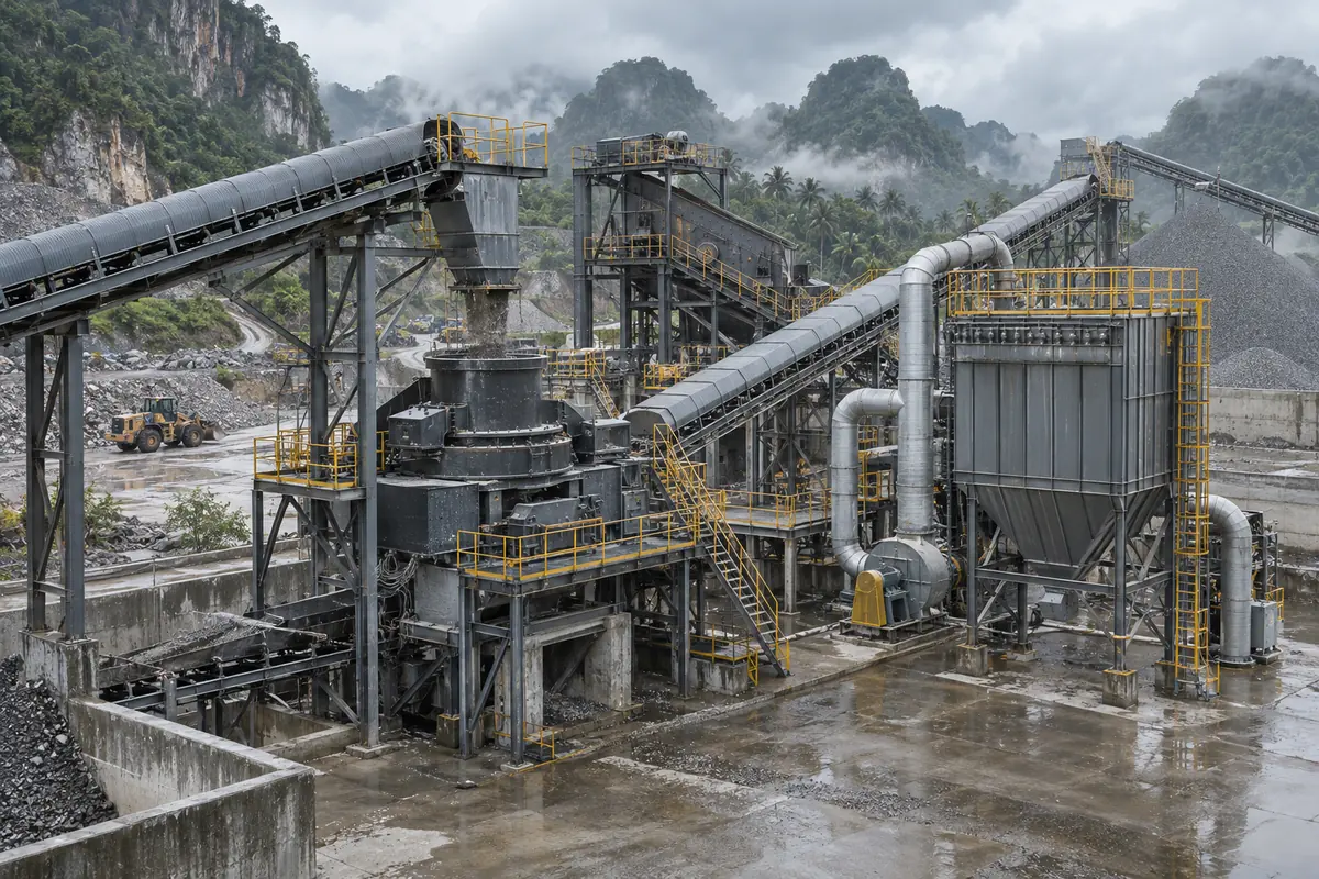 VSI crusher dust-control configuration with enclosed feed chute, sealed transfer points, enclosed screen, ductwork, dust collector, and conveyors in an active tropical quarry