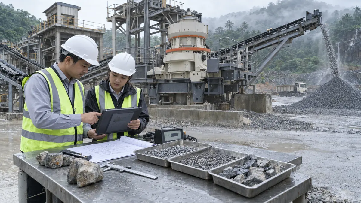 Quarry engineers reviewing feed-rate data, aggregate samples, belt-scale device, and layout drawing beside an operating VSI plant