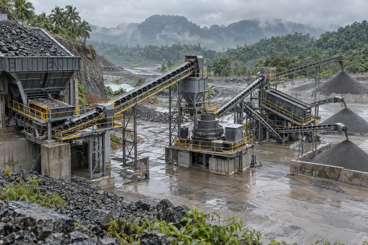 Production-scale VSI feed-control configuration with hopper, feeder, surge bin, belt conveyor, VSI crusher, screen, return conveyor, and finished-sand stockpiles