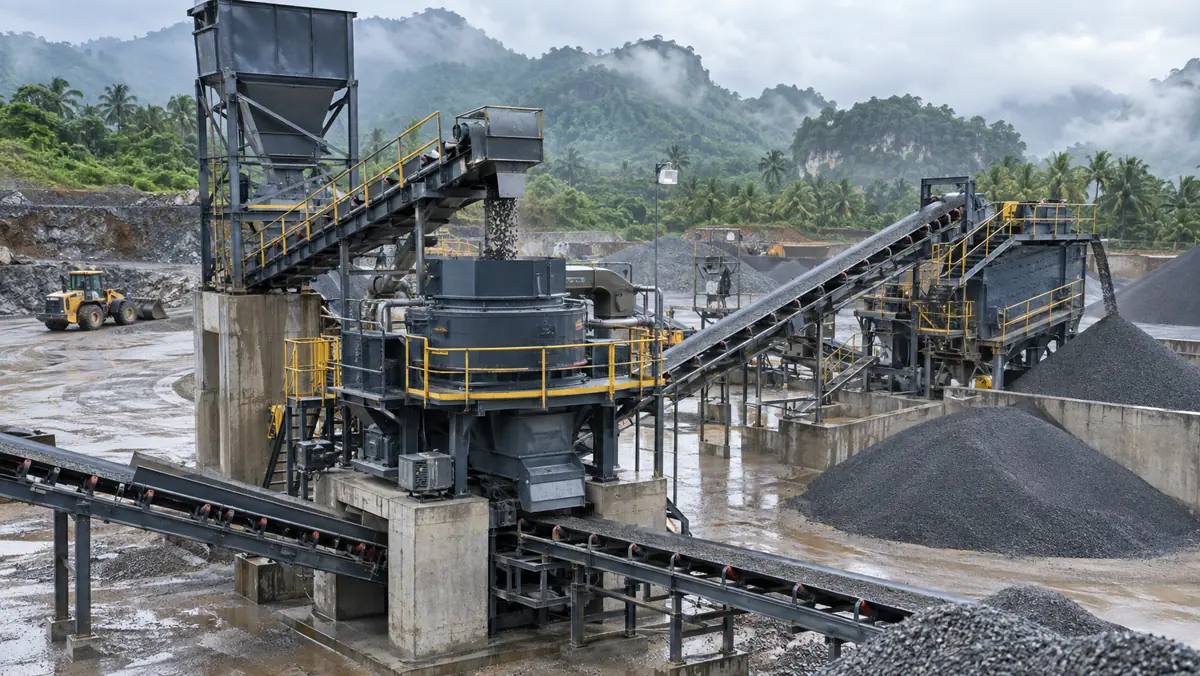 Production-scale VSI manufactured-sand plant with controlled feed conveyors, screening plant, and stockpiles in a tropical quarry