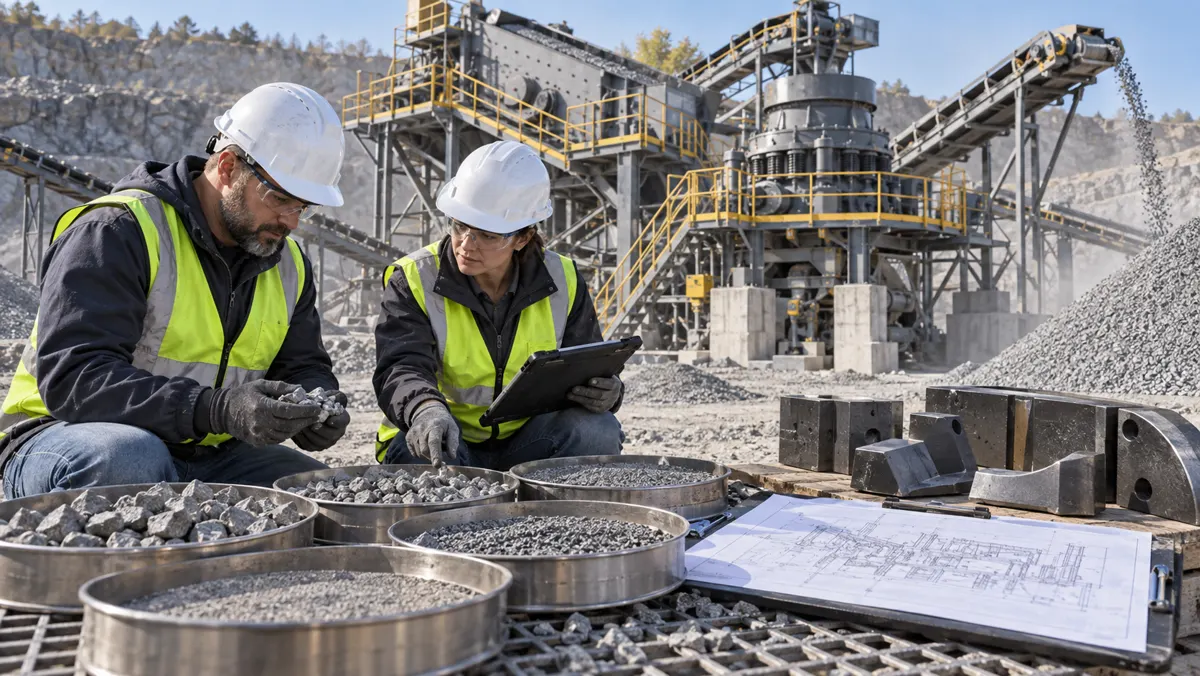 Quarry buyer and process engineer reviewing representative aggregate samples, sieve trays, plant layout drawings, and VSI wear parts beside a working screened sand plant