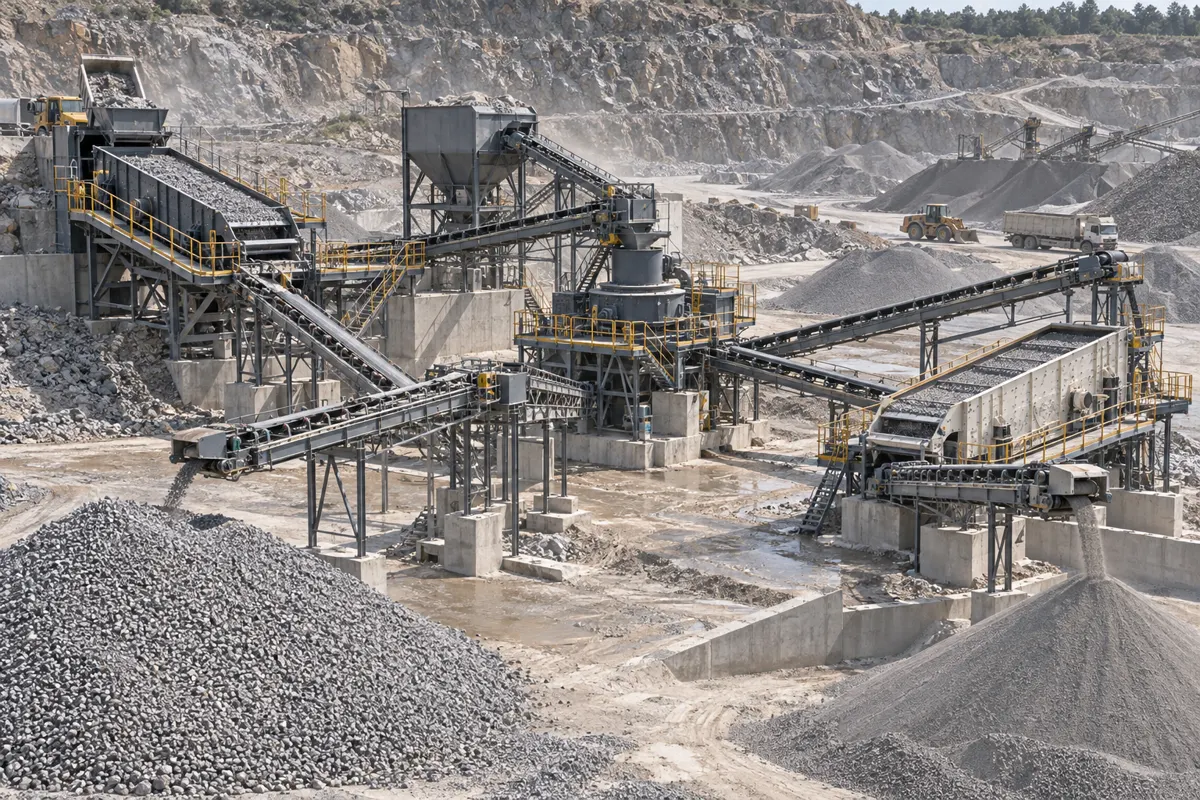 Integrated VSI sand-making circuit with pre-screen, controlled feed bin, rotor crusher, multi-deck final screen, return conveyors, and separated aggregate stockpiles