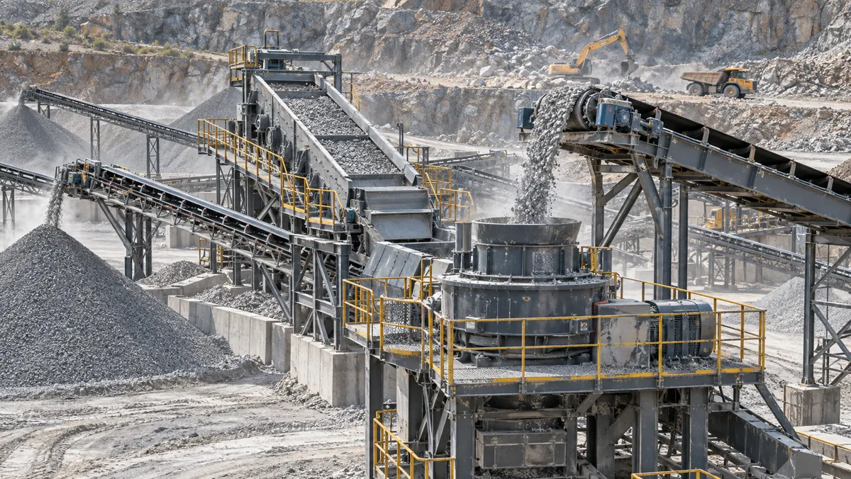 Production-scale VSI crusher receiving screened aggregate in a working hard-rock quarry sand plant