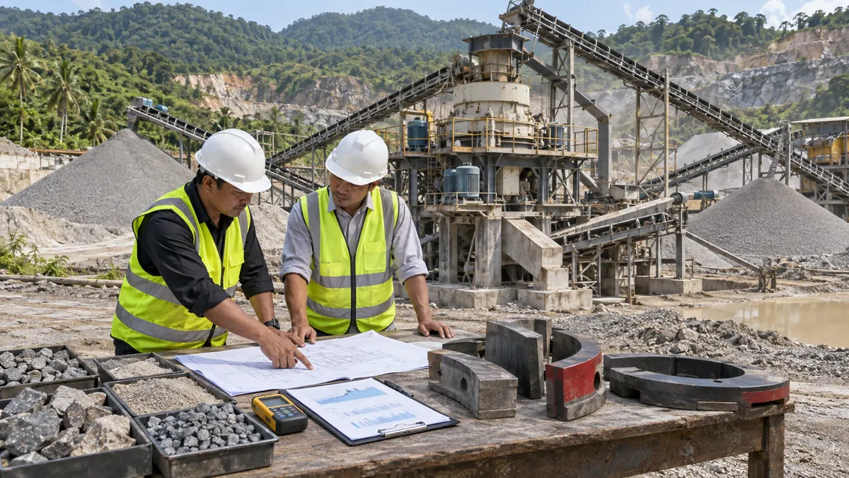 Quarry project team reviewing rock samples, motor-control drawings, energy records, and VSI wear parts beside an operating manufactured-sand plant