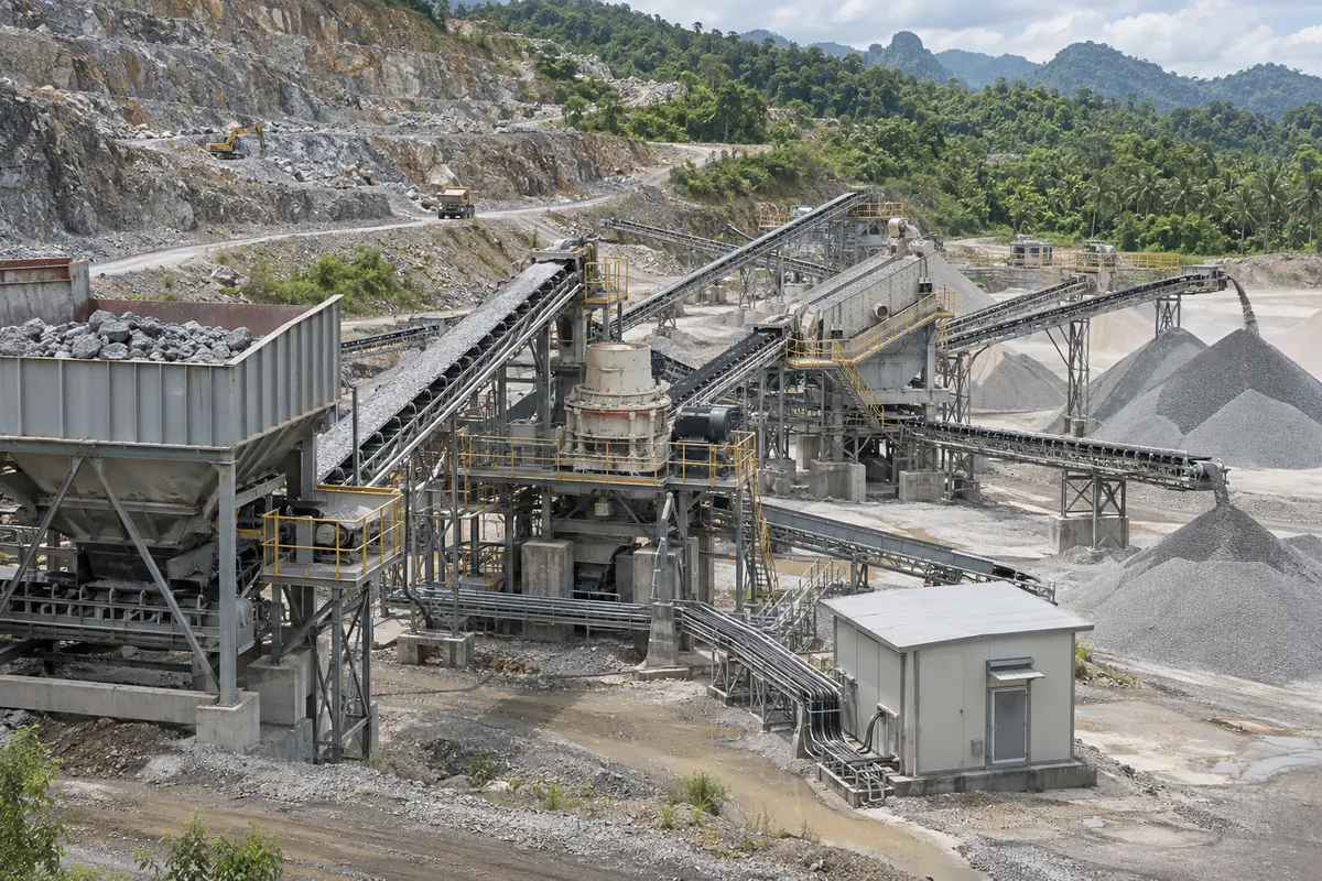 Integrated manufactured-sand line with controlled feeder, VSI crusher, screen, return conveyor, motor-control room, and separated product stockpiles