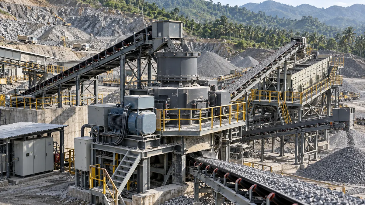 Production-scale VSI crusher and screening circuit operating in a hard-rock manufactured-sand quarry