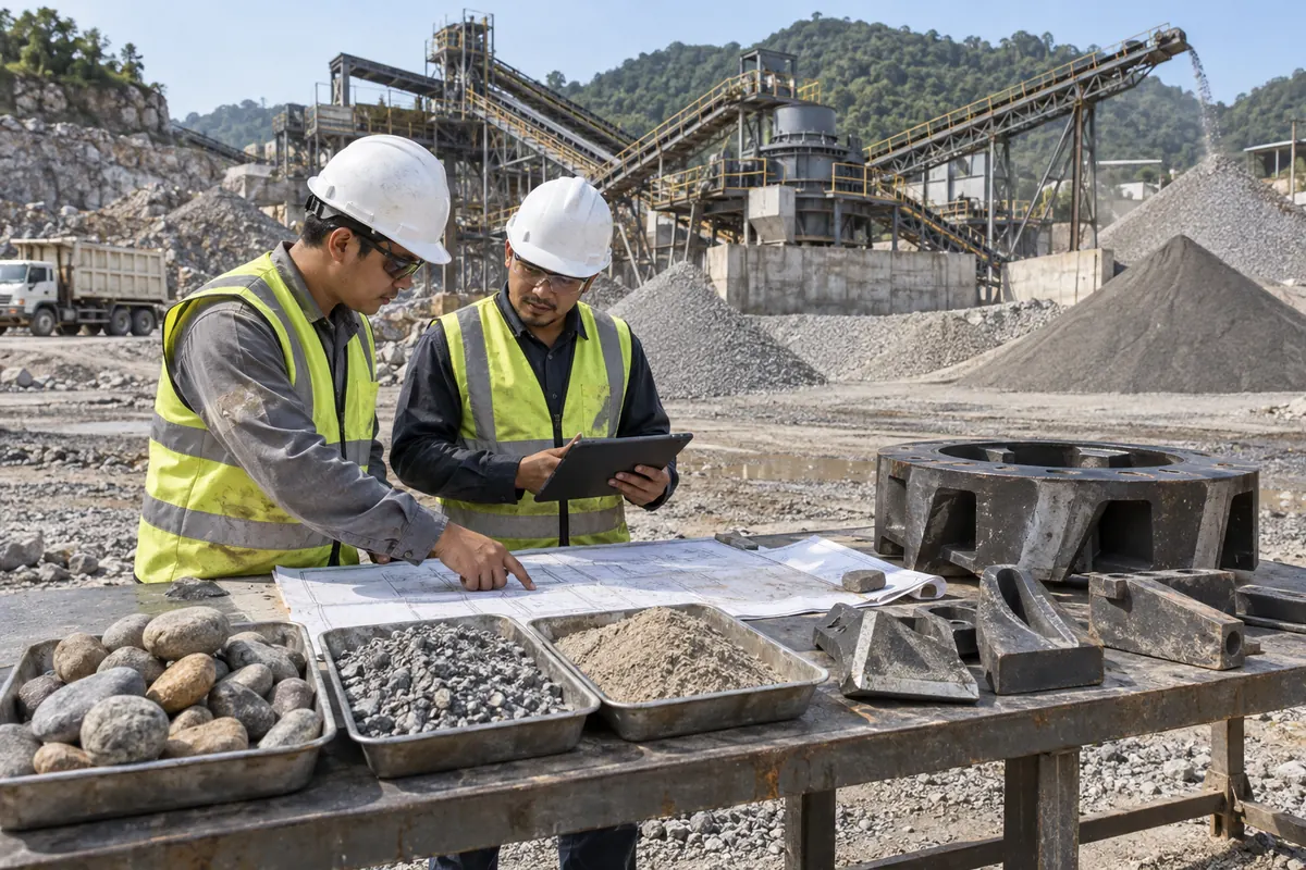 Quarry buyer and process engineer reviewing river stone samples, final sand samples, process drawings, and VSI wear parts beside an operating crushing plant