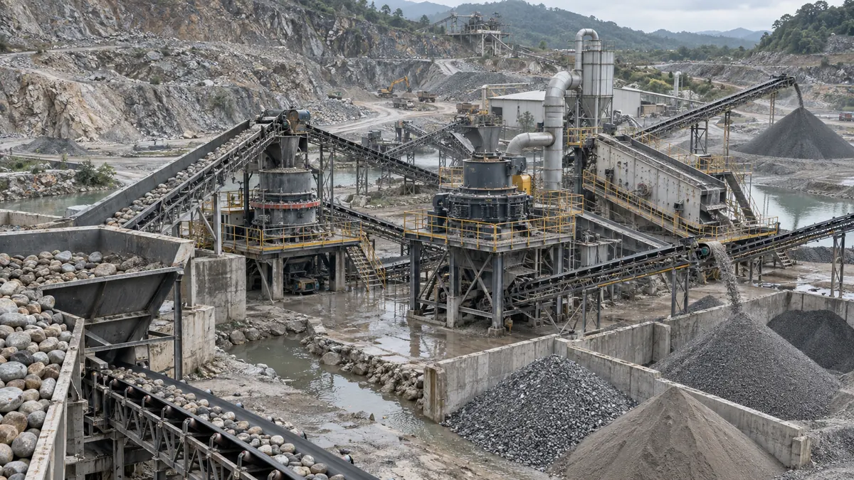 Integrated river stone sand plant with feeder, cone crusher, VSI crusher, multi-deck screen, return conveyor, dust control, and separated sand stockpiles