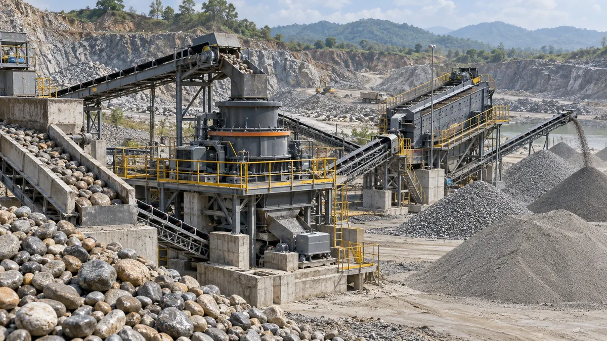 Production-scale river stone crushing and manufactured-sand plant with a VSI crusher, screens, conveyors, and separate stockpiles
