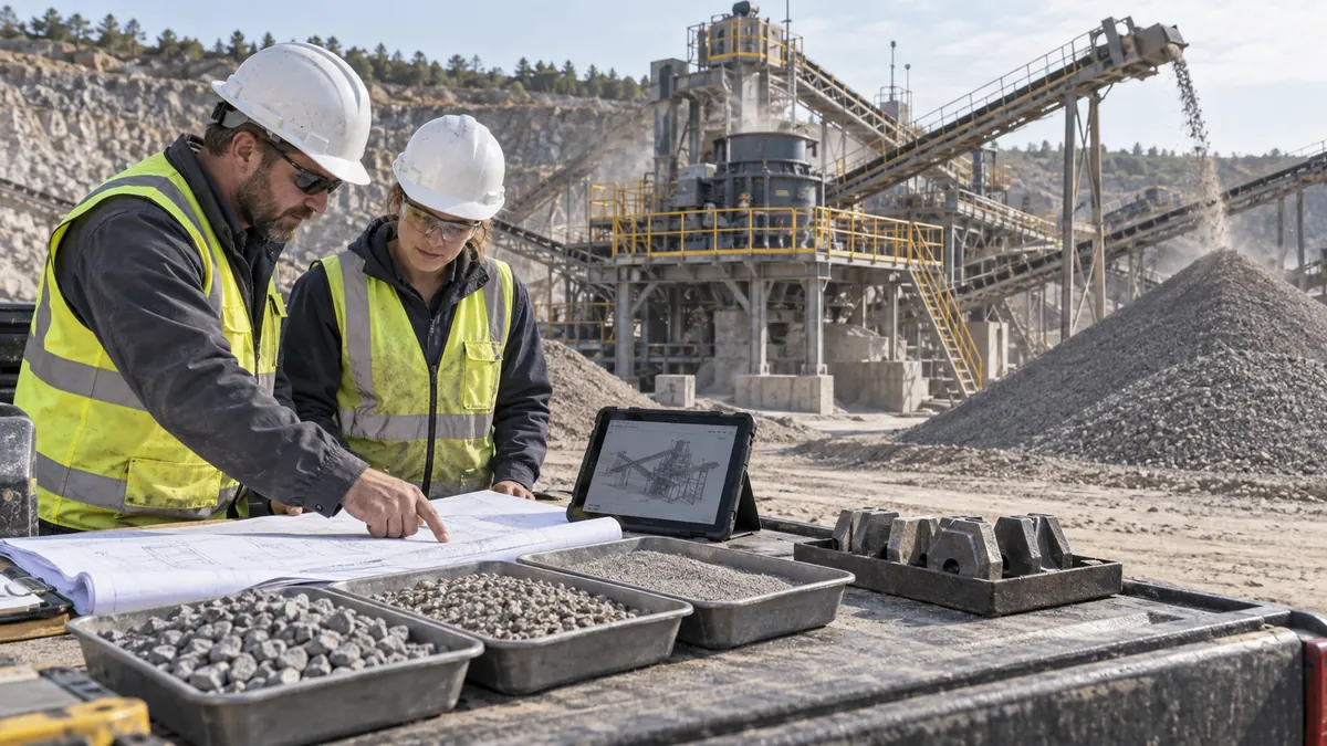 Quarry buyer and process engineer reviewing aggregate samples, plant drawings, and VSI rotor wear parts beside an operating sand plant