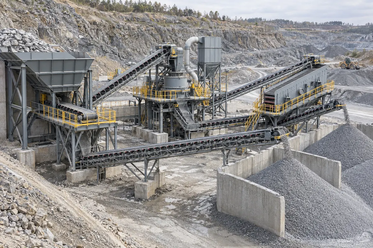 Integrated manufactured-sand plant with controlled feed hopper, VSI crusher, dust collection, final screen, return conveyor, and separated aggregate stockpiles
