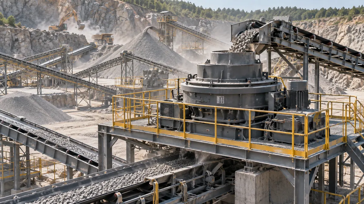 Production-scale VSI crusher operating in a hard-rock quarry manufactured-sand plant