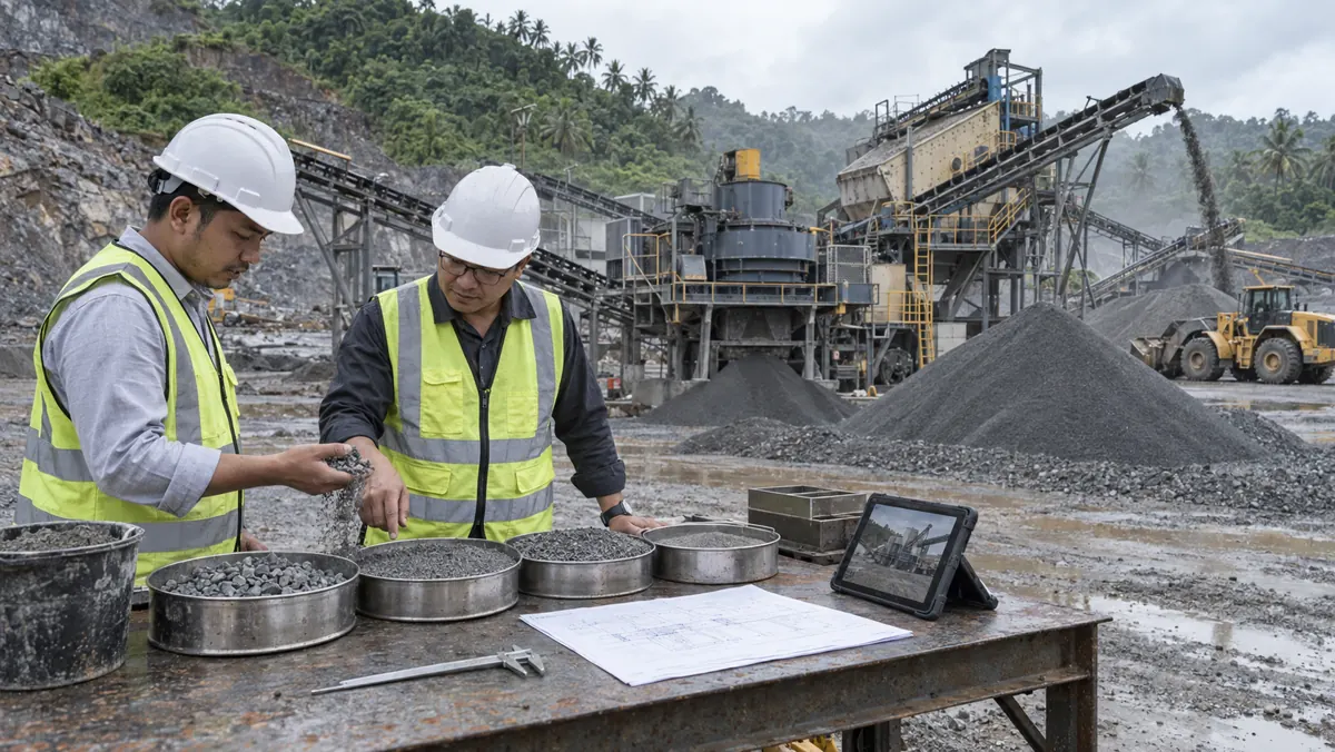Quarry process engineers reviewing manufactured-sand sieve trays, sample buckets, a grading worksheet, and a tablet beside an operating VSI crusher and screening plant