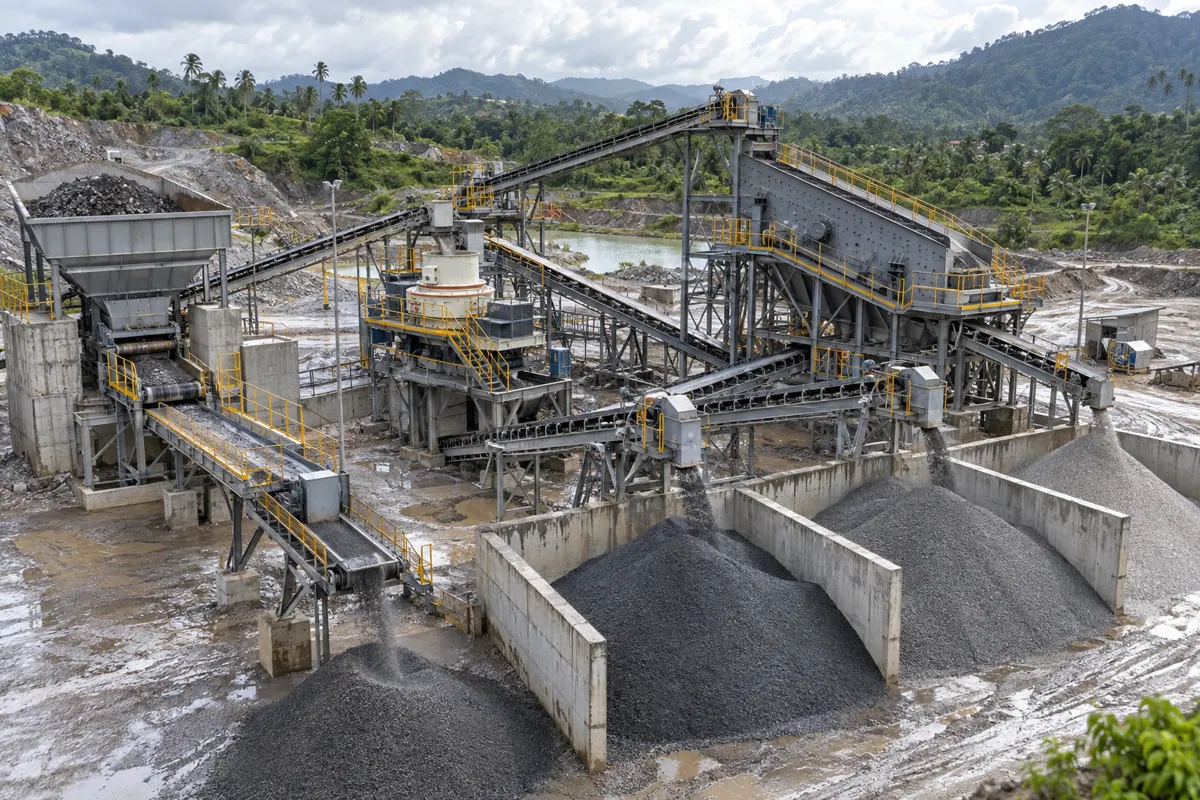 Integrated manufactured-sand configuration with controlled feed bin, VSI crusher, multi-deck final screen, return conveyor, classifier-ready fine-sand route, and separate stockpiles