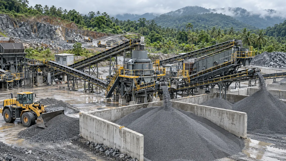 Production-scale VSI manufactured-sand plant with multi-deck screens, conveyors, and separate graded sand stockpiles in a tropical quarry