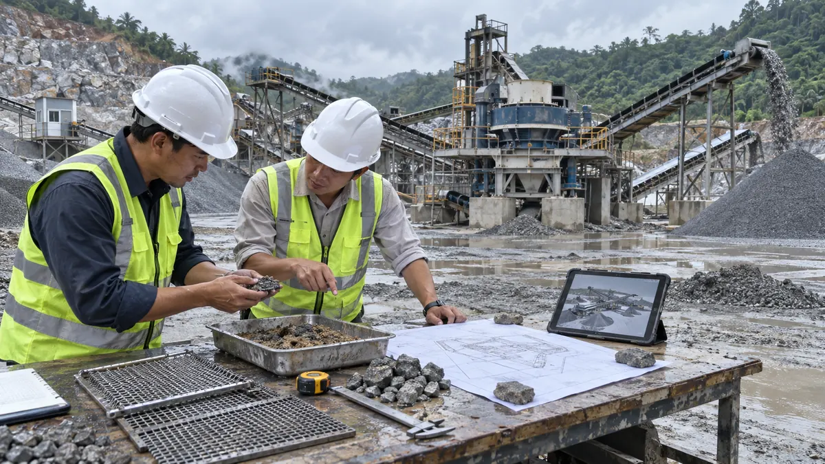 Quarry engineers reviewing wet aggregate samples, screen media, a material-preparation layout, and an operating VSI sand plant
