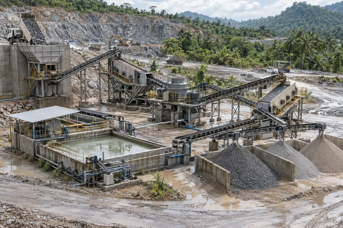 Wet-feed VSI preparation line with drainage stockpile, scalping screen, controlled feed hopper, VSI crusher, wash-ready screen, and separate aggregate stockpiles