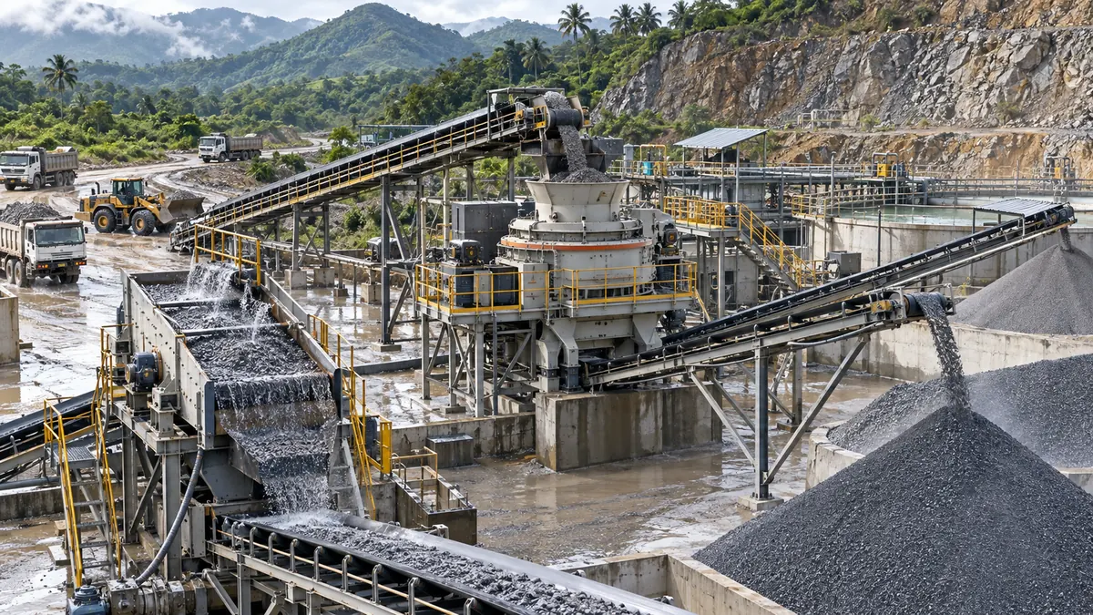 Production-scale VSI sand plant receiving prepared aggregate in a tropical quarry after wet-feed management