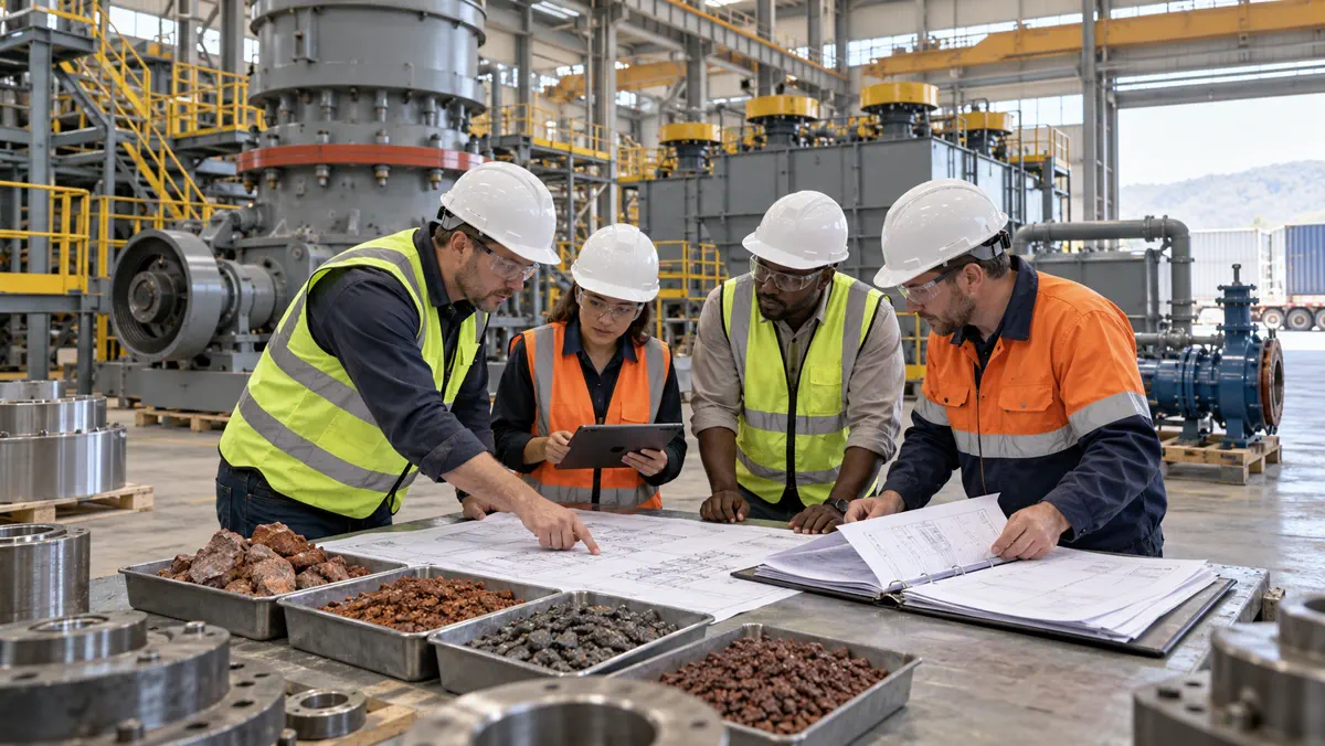 Mining project professionals review copper ore samples, a plant layout, and equipment documents in a full-scale mineral-processing factory inspection area