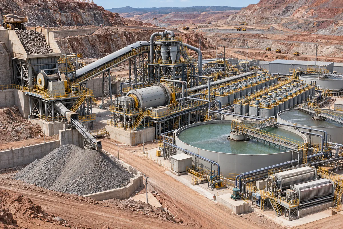 An integrated copper ore plant connects receiving and crushing, grinding and classification, flotation, thickening, and dewatering in one full-scale mining layout