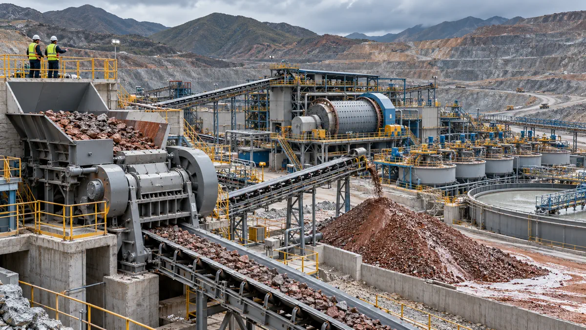 A full-scale copper ore beneficiation plant with crusher, conveyor, grinding mill, flotation cells, stockpiles, and open-pit mine terrain