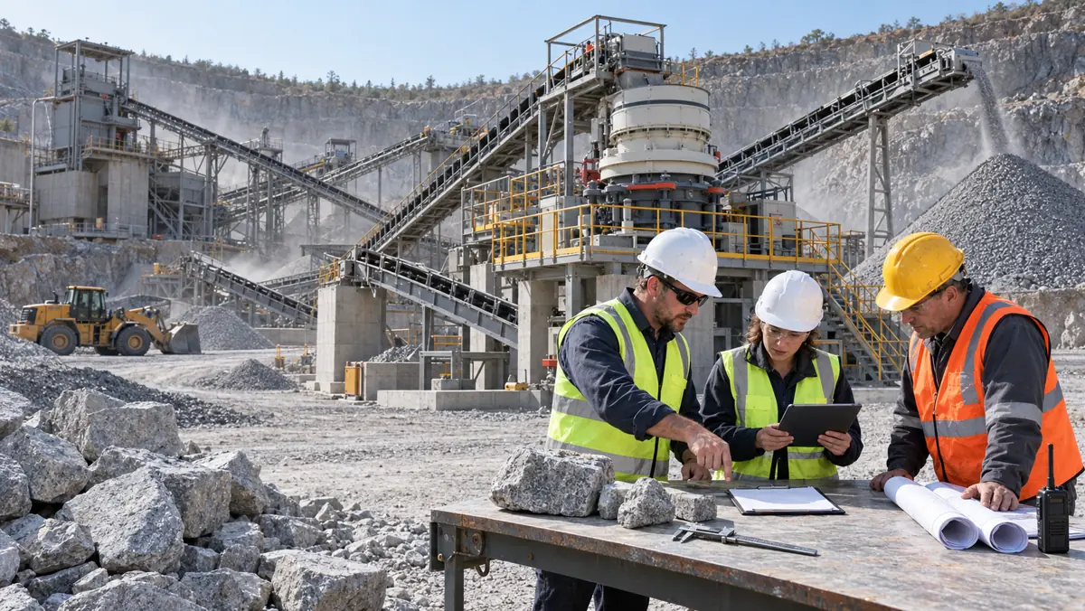 Quarry engineers review granite samples, a blank inspection clipboard, drawings, and a tablet beside a full-scale cone crushing circuit