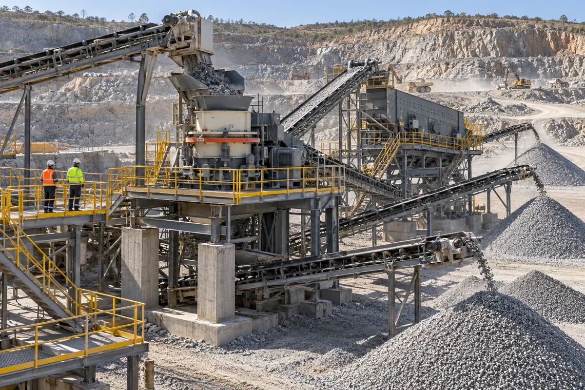 A full-scale granite cone crusher receives material, discharges to a screen, returns oversize by conveyor, and feeds separated stockpiles during a controlled test