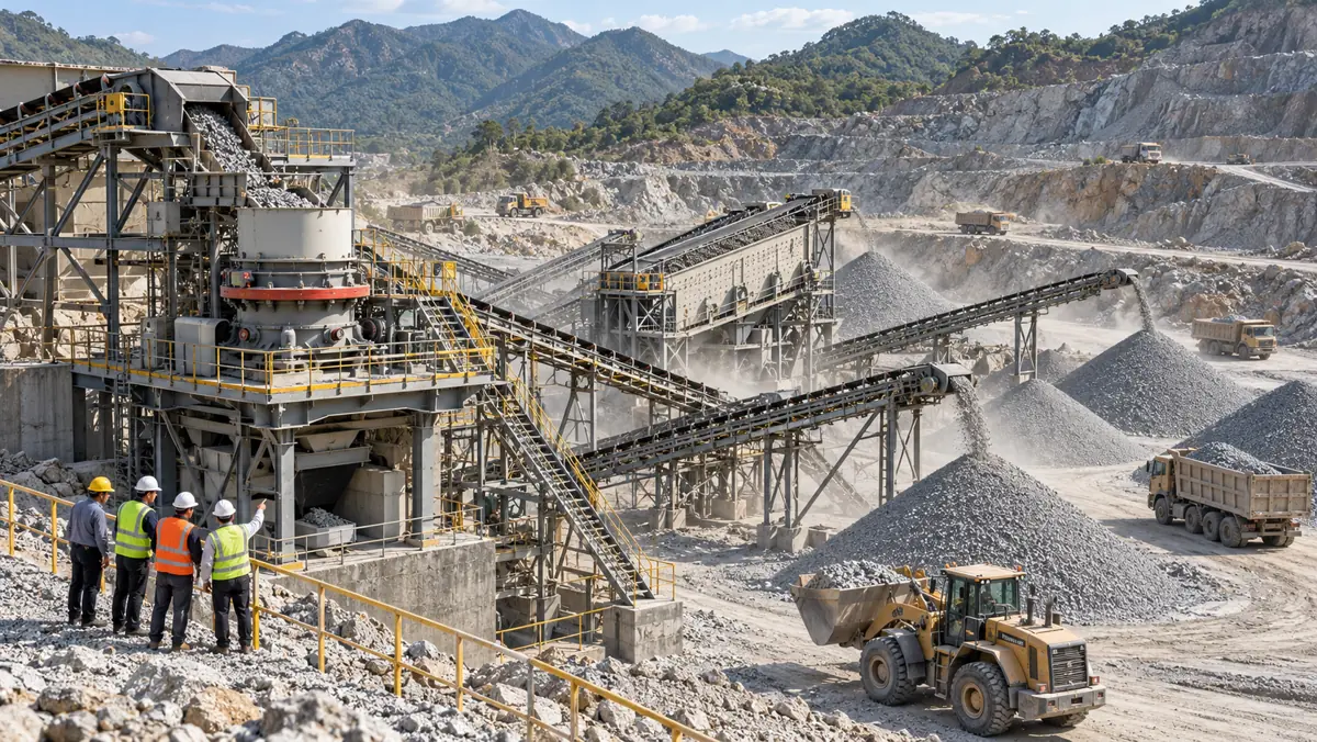 Production-scale cone crusher, screen, conveyors, granite stockpiles, and site team during quarry commissioning
