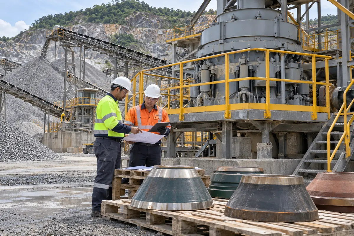 Quarry engineers reviewing cone crusher liner samples and drawings beside a maintenance platform