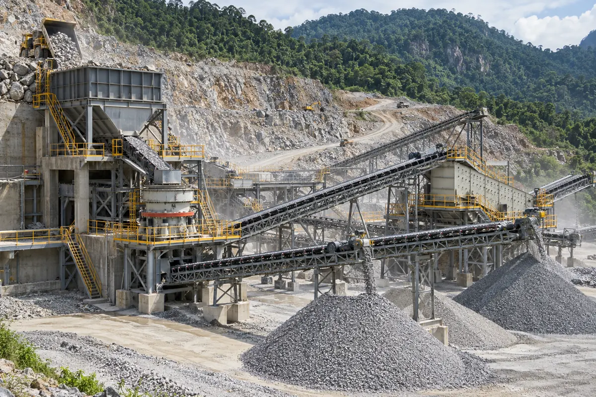 Cone crusher, screen, return conveyor and product stockpiles connected in a granite quarry circuit
