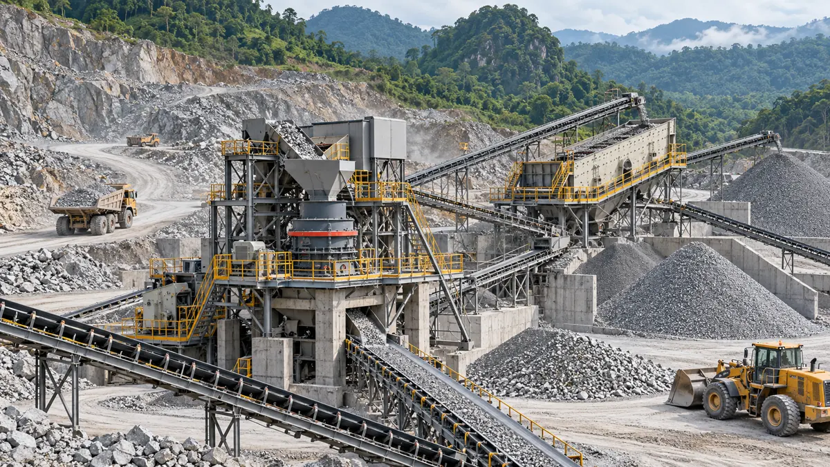 Cone crusher and screening circuit processing granite in a tropical aggregate quarry