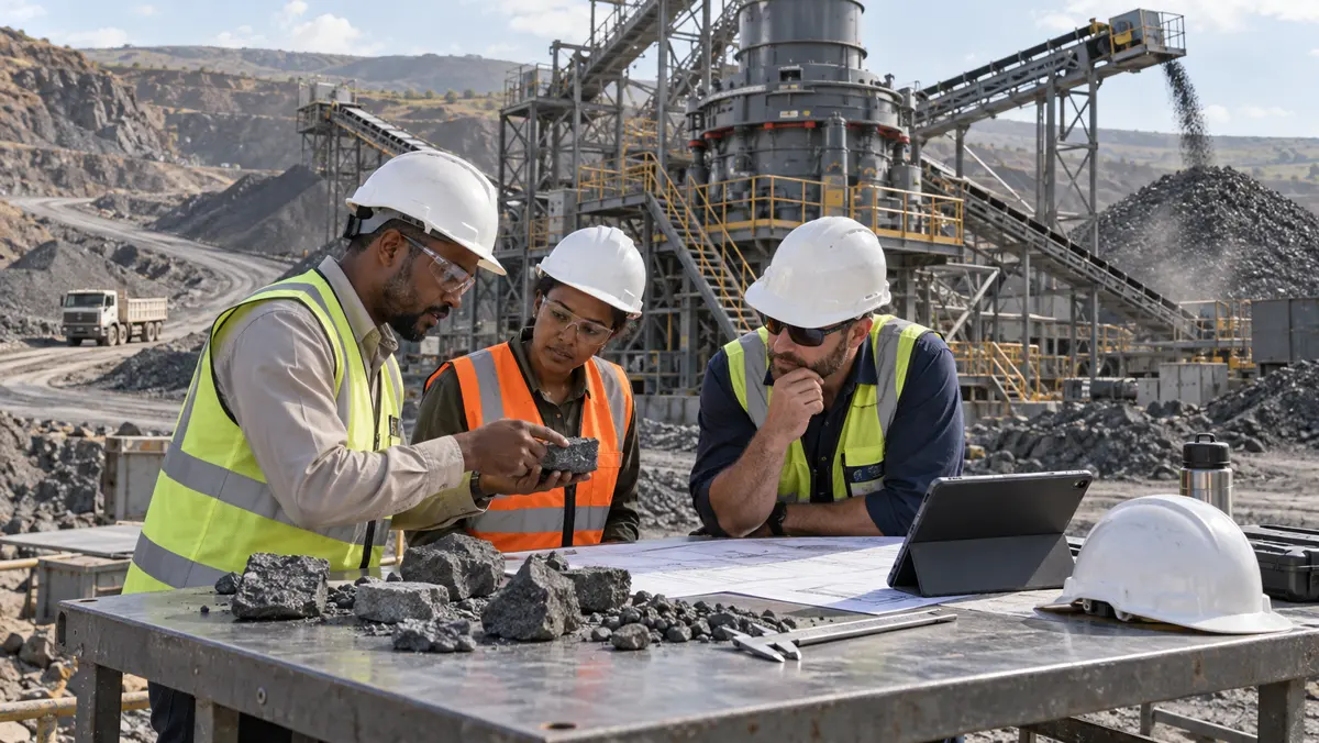 Three quarry professionals review basalt samples, an equipment layout, and a full-scale cone crusher plant during a technical supplier comparison