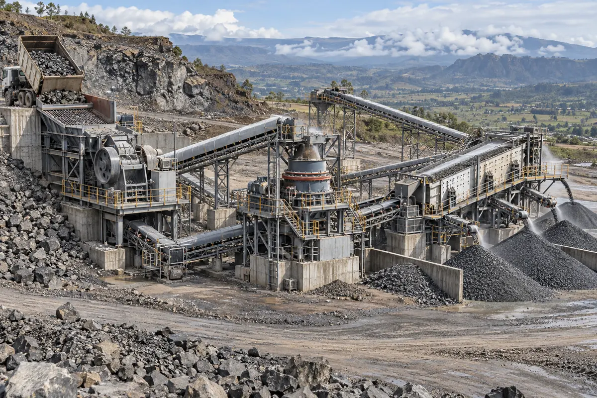 A jaw crusher, cone crusher, screen, conveyors, and separated basalt stockpiles form a connected aggregate production circuit