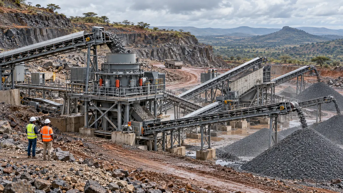 A production-scale cone crusher operates in a basalt aggregate quarry with conveyors, stockpiles, and highland terrain