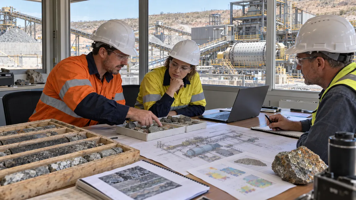 Three mining and procurement professionals review ore samples, an unmarked plant layout, and testwork materials in a mine-site office with a crushing and grinding plant visible outside
