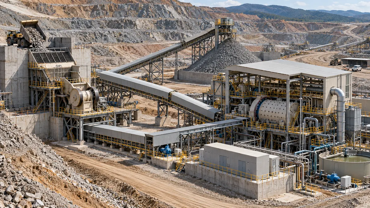 A physically coherent gold ore comminution circuit with ROM dump pocket, jaw crusher, covered conveyors, coarse ore stockpile, ball mill building, service platforms, pumps, and mine access roads