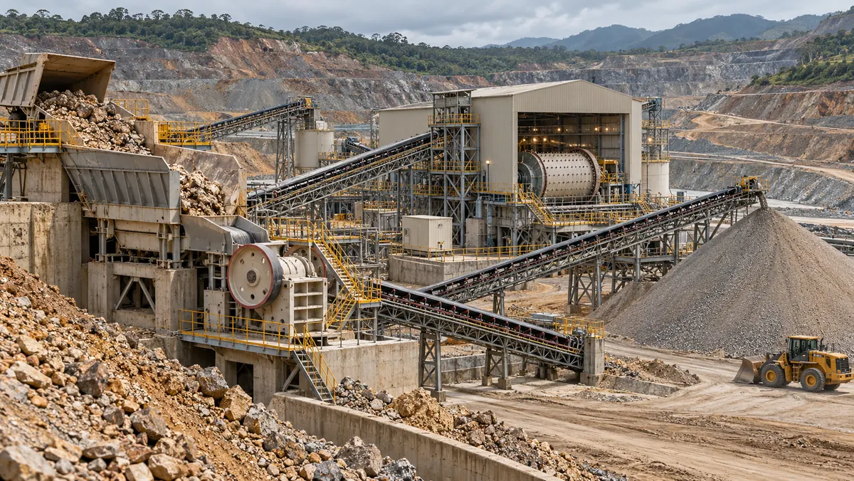 A full-scale gold ore crushing and grinding plant with a primary jaw crusher, covered conveyors, ball mill building, stockpile, and open-pit mine backdrop