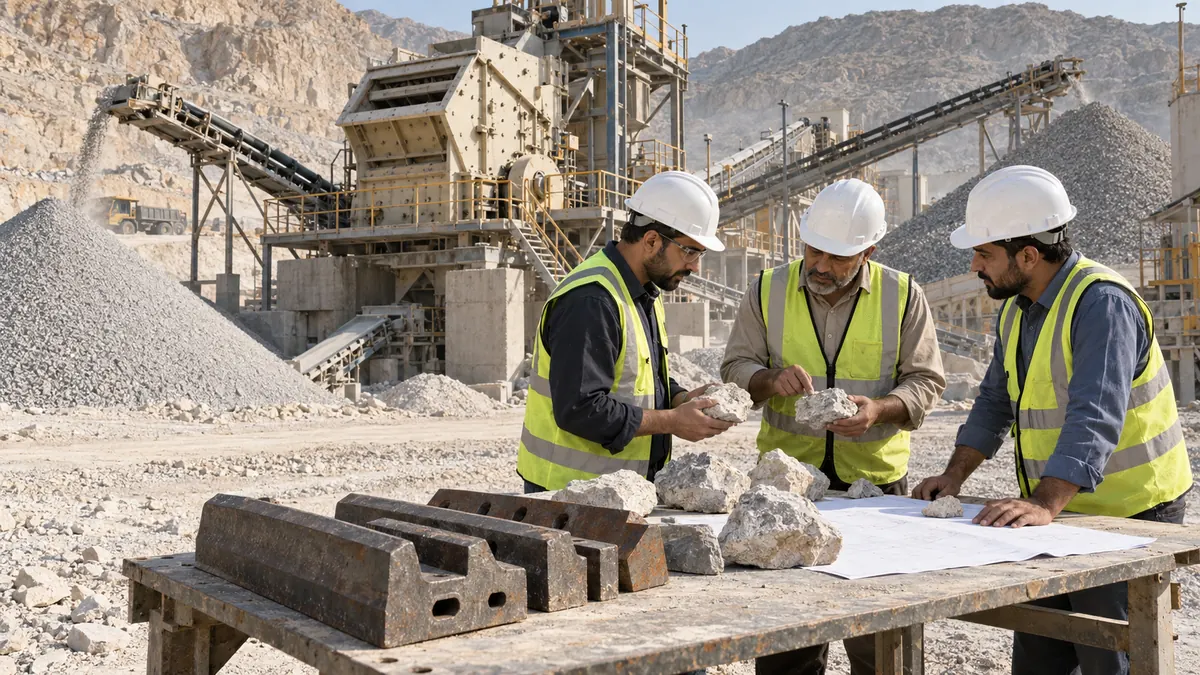 Quarry professionals review limestone samples, a process layout, wear parts, and an impact crusher plant during a purchase-scope meeting