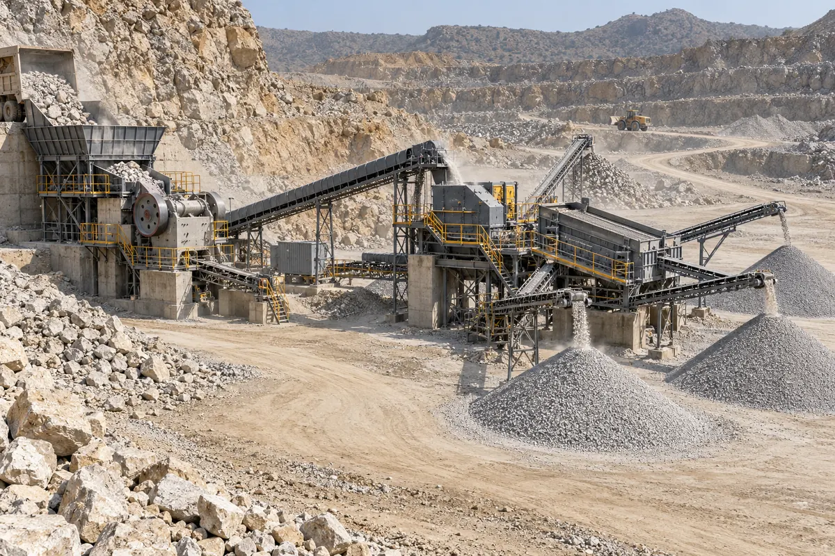 A jaw crusher, impact crusher, vibrating screen, conveyors, and separated limestone aggregate stockpiles form a coherent quarry production circuit