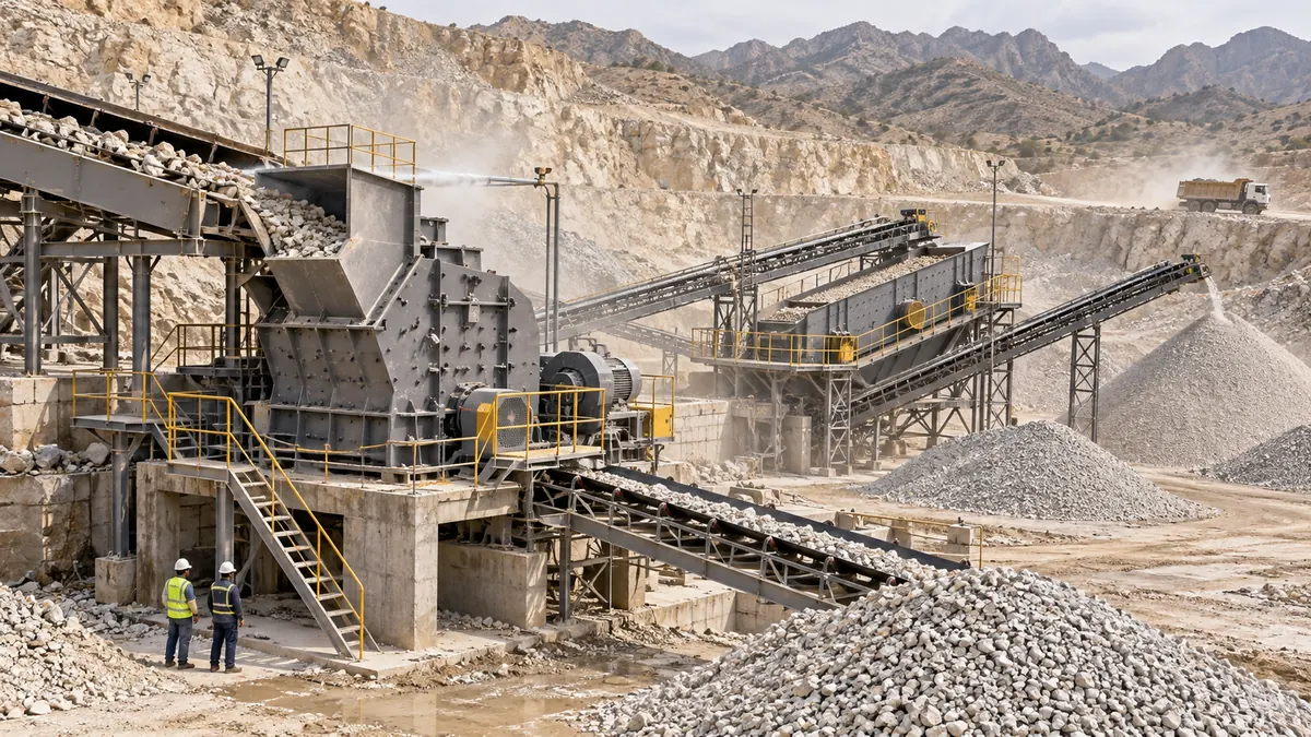 A full-scale impact crusher and screen process limestone aggregate in an active quarry with conveyors and stockpiles