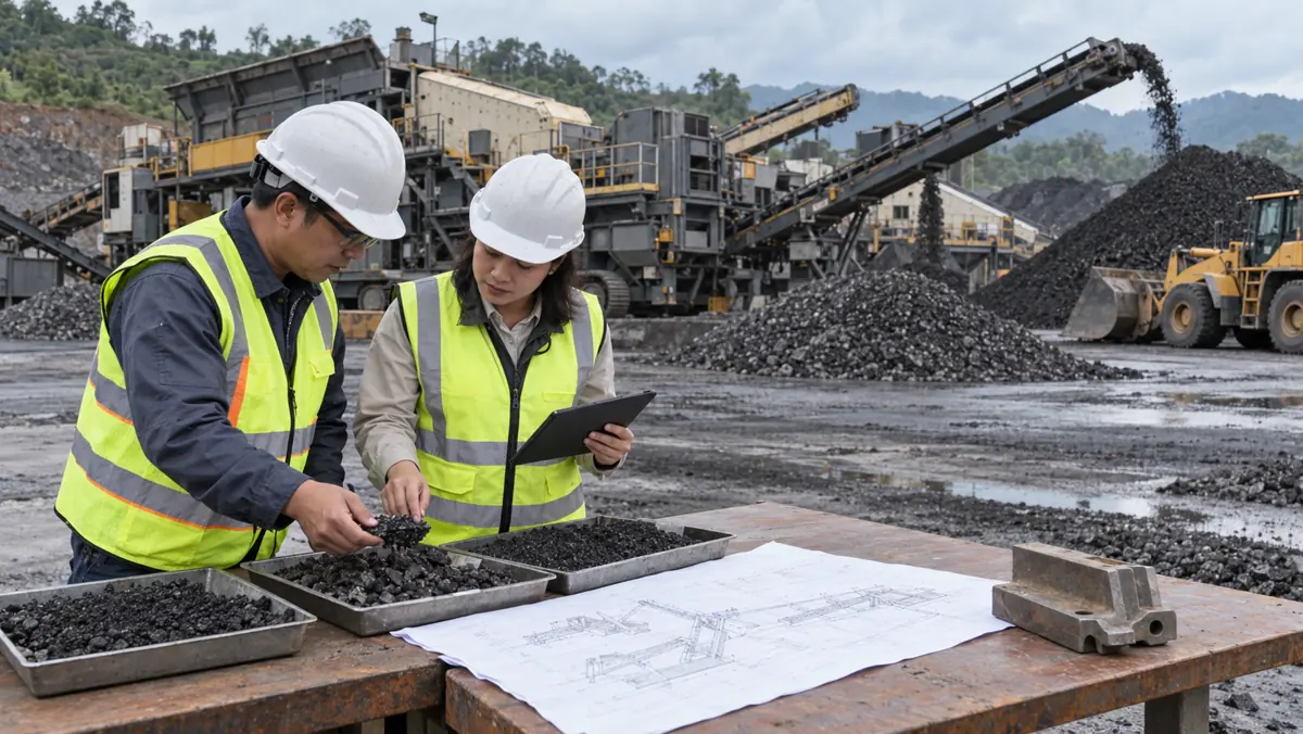Two recycling-project professionals compare dark reclaimed asphalt pavement samples, a layout sheet, and a wear part in front of a full-scale impact crusher plant