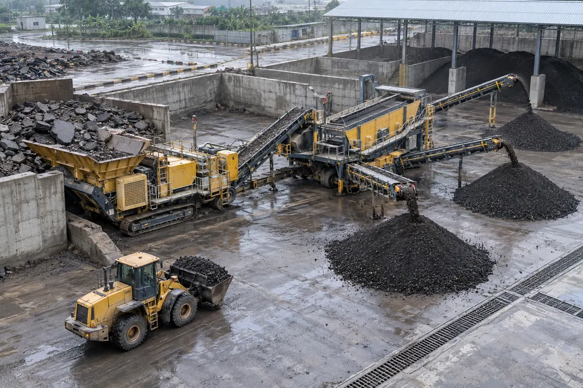 Connected mobile impact crusher and two-deck screen route reclaimed asphalt pavement to separate stockpiles in a paved recycling yard