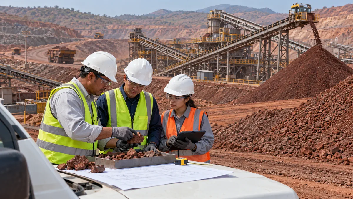 Three mine project professionals in PPE review iron ore samples, a layout sheet, and a tablet beside a full-scale crushing and screening plant