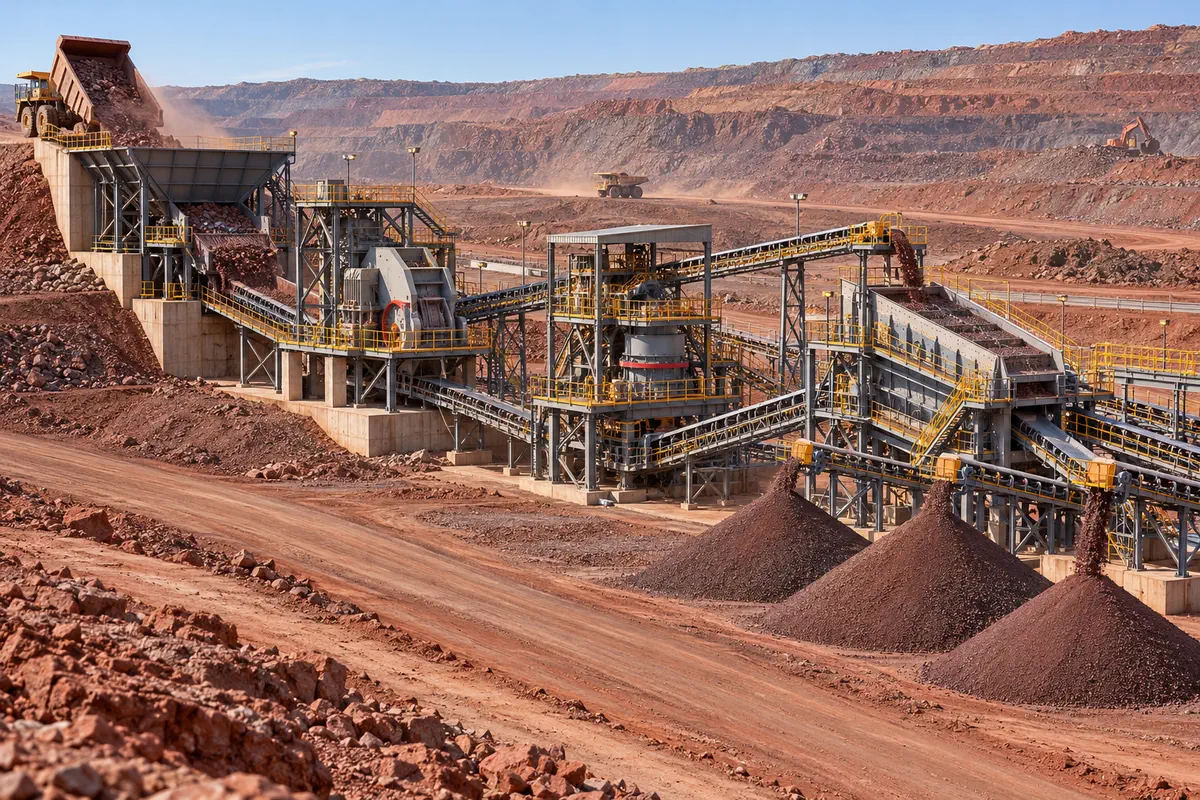 Connected iron ore circuit with ROM hopper, primary crushing, cone crushing, screening, return conveyors, and separate ore stockpiles in an open-pit mine