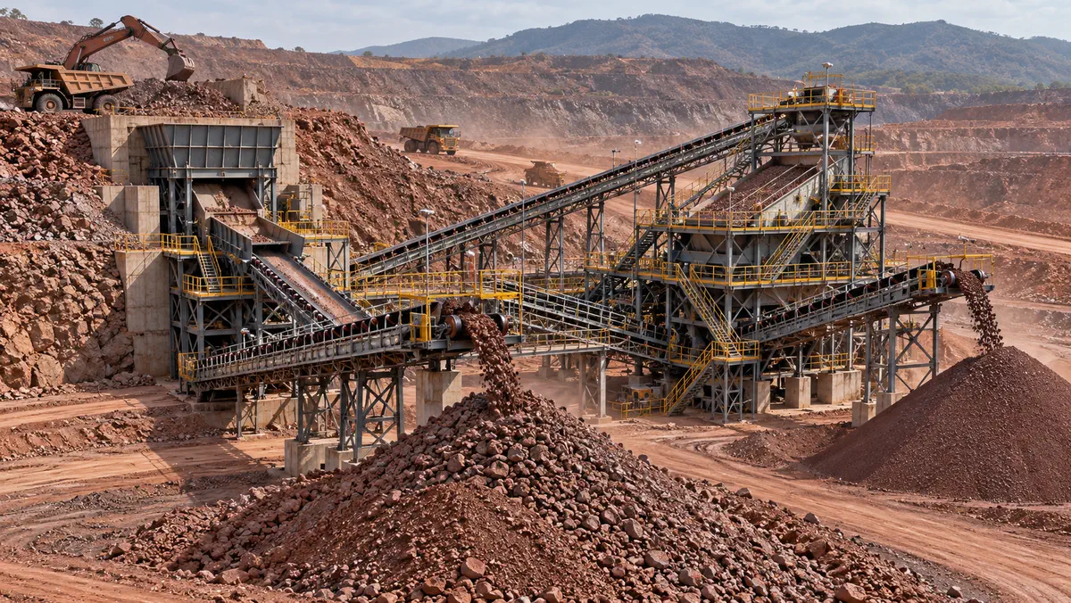 Full-scale iron ore crushing and screening plant with ROM receiving, conveyors, screens, and red ore stockpiles in an open-pit mine