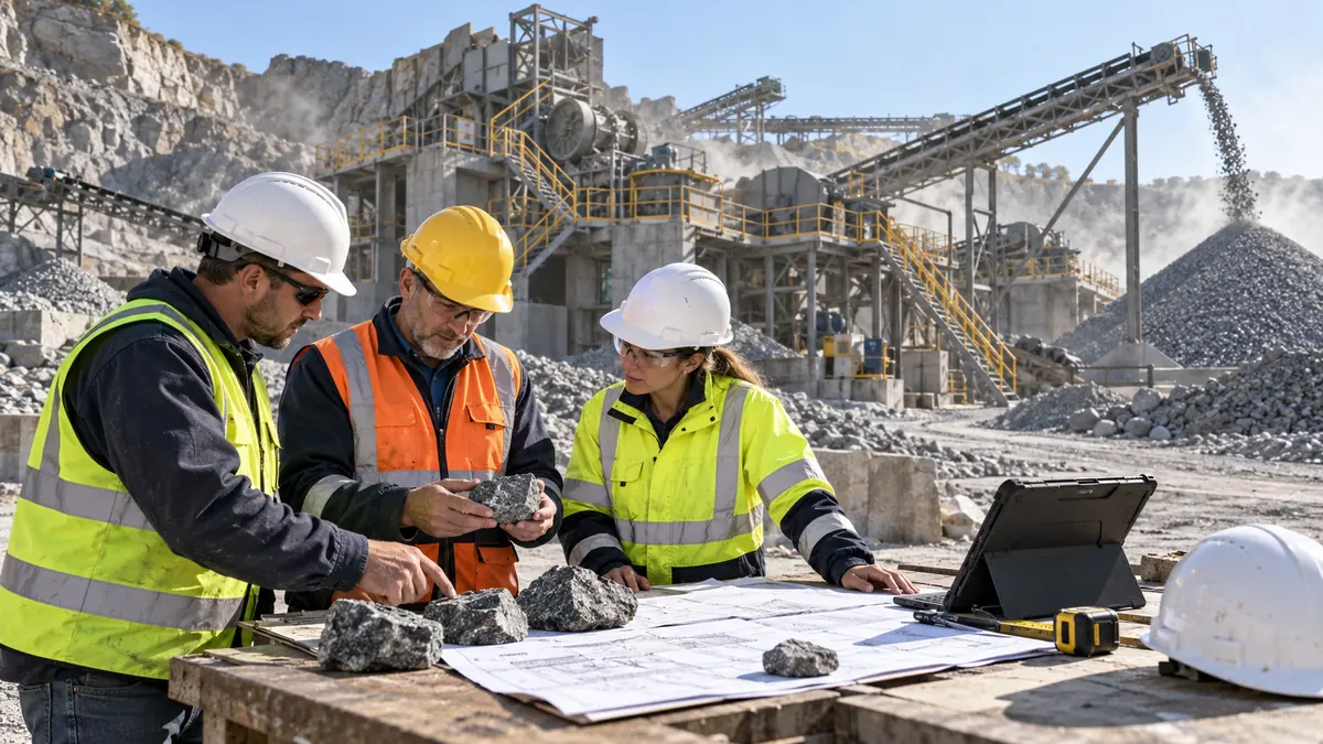 Quarry engineering and procurement professionals review hard-rock samples, plant drawings, and a tablet beside a full-scale jaw-and-cone crushing circuit